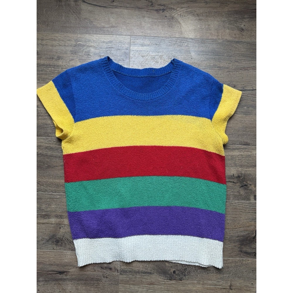 Vintage Colorblock Stripe Knit Sweater Short Sleeve Women's Medium
